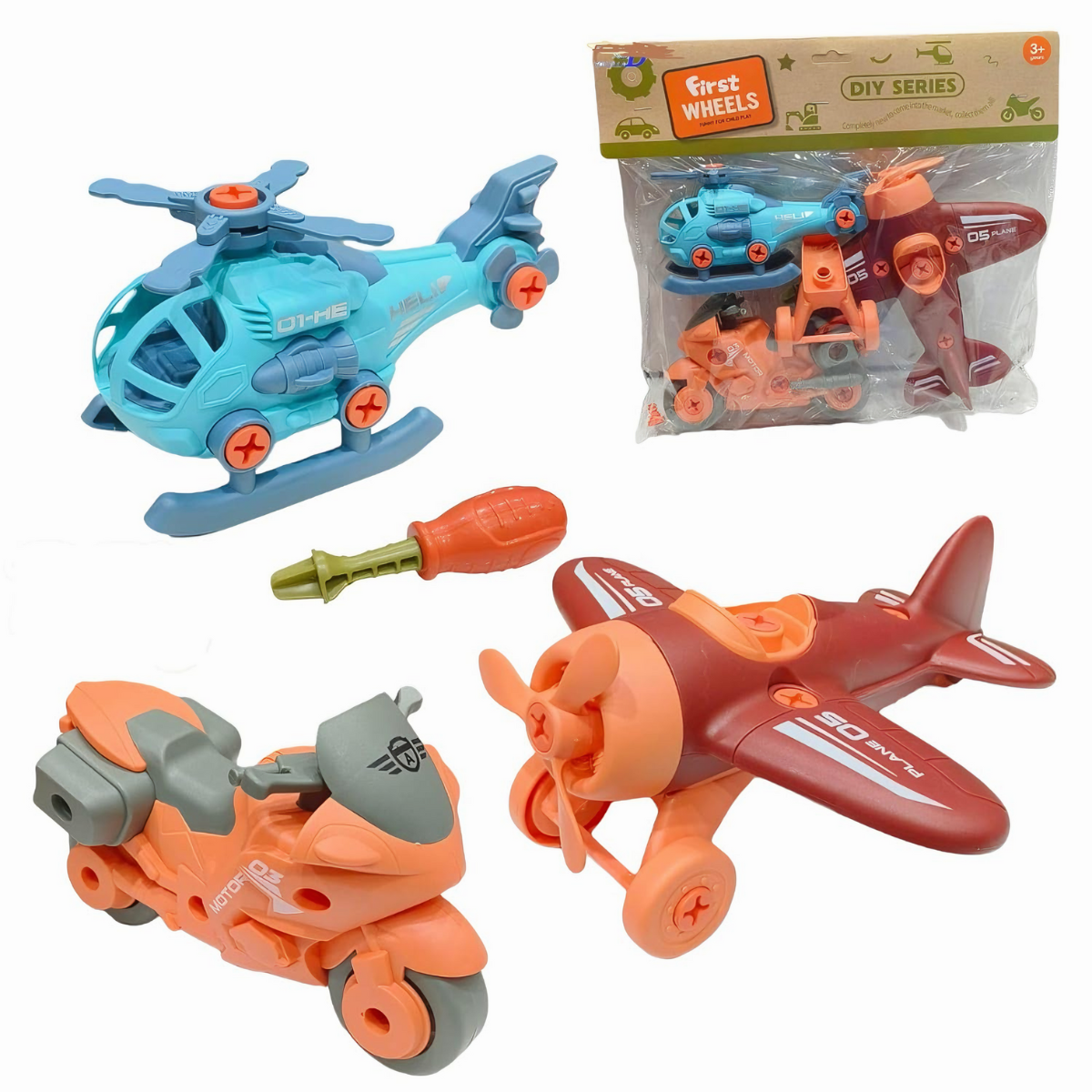 Set Vehículos Desarmables Helicóptero Moto Avión