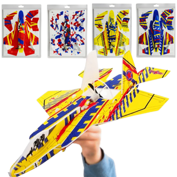 Avión planeador colorido, con motor USB y luces LED – Para armar, lanzar y volar